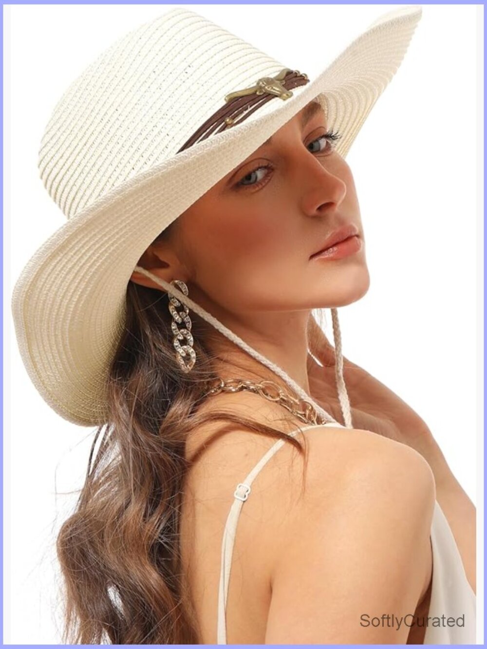 Straw Cowboy Hat with Windproof Chin Strap Sun Protection